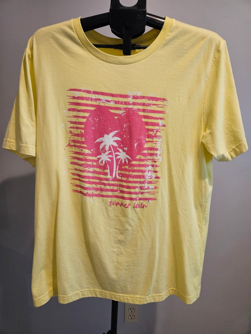 Womens Yellow Graphic Tee with Pink Palm Heart